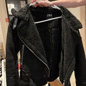 Zara black leather fur jacket